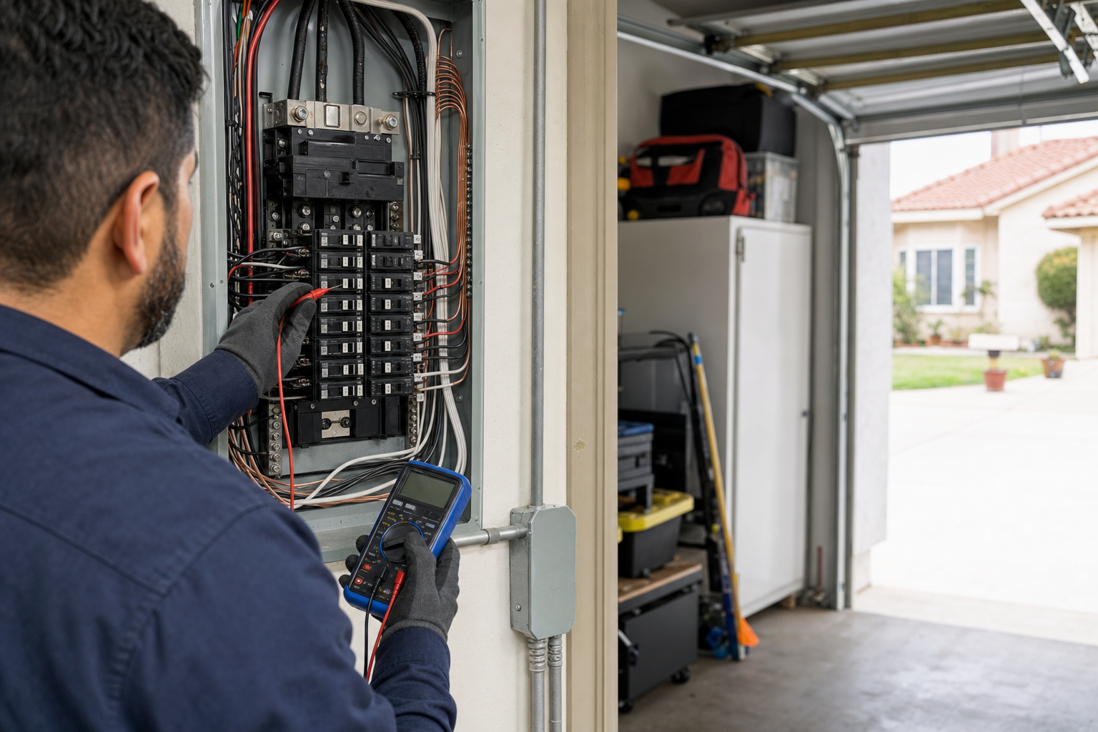Electrician inspecting a residential breaker panel in an older Southeast Los Angeles garage