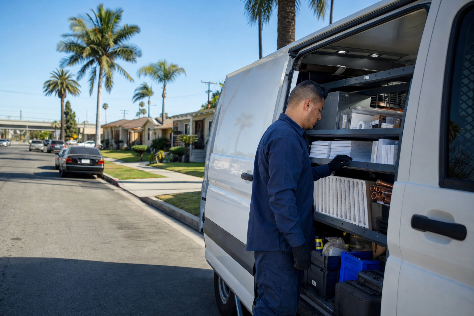 Service technician organizing HVAC electrical and plumbing parts in a Gateway Cities neighborhood
