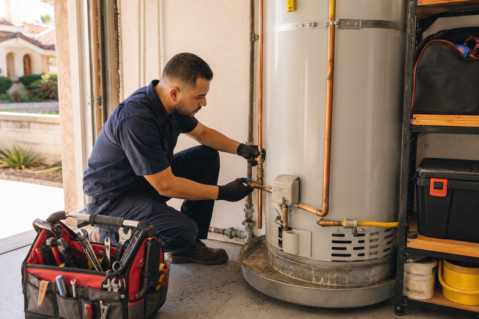 Plumber inspecting a water heater and copper piping in a Gateway Cities home garage